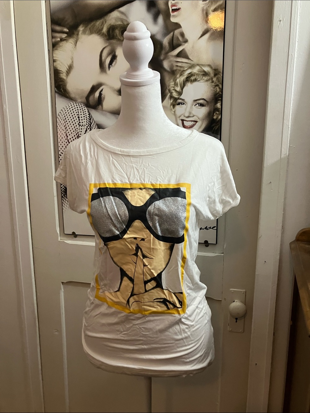 White Graphic Short-Sleeve Tee with Sunglasses Illustration